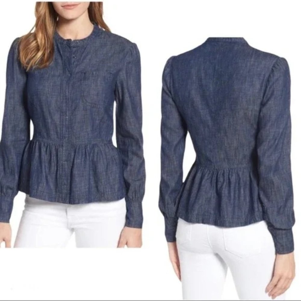Lucky Brand Top Blue Chambray Denim Snap Front Peplum Top Womens size 4 - Picture 11 of 11